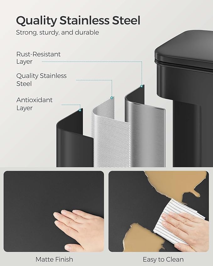 SONGMICS Kitchen Trash Can, 10.5 Gallon (40 L) Garbage Can, Large Step Trash Bin with Lid, Stainless Steel, Soft Close, 15 Trash Bags Included, Black ULTB540B40