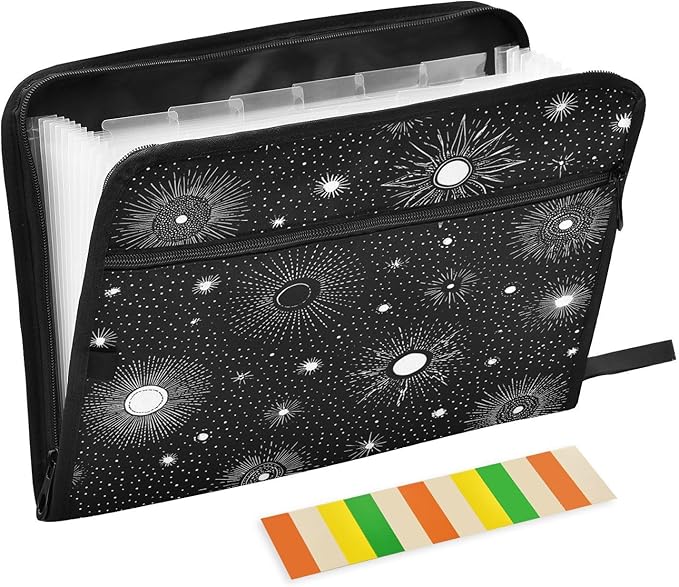 Dark Black Sun Expanding File Organizer with 13 Pockets Accordion File Folders with Labels,Portable Document Paper Bill Receipt Organizer,Home College School Office Supplies, Letter Size