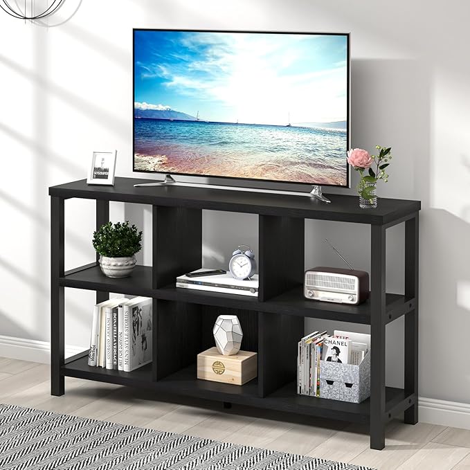 FOLUBAN Industrial 6 Cube Storage Organizer Bookshelf, Wood and Metal Cubby Bookcase, Horizontal Open Book Shelf for Bedroom Living Room, Black Oak, 47 Inch