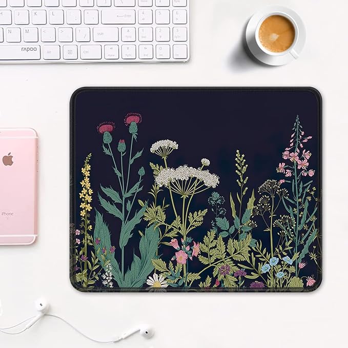 Auhoahsil Mouse Pad, 12 x 10 in Flower Theme Computer Mouse Pad for Desk, Premium-Textured Non-Slip Rubber Stitched Edges Waterproof Square Mouse Mat for Gaming Work Wireless Mice, Black