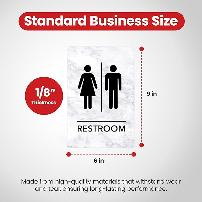 Promot Unisex Bathroom Sign – ADA Braille Restroom Sign for Business, Self-Adhesive, 9" x 6", Commercial Door Signage, Office Wall Decor - Marble White