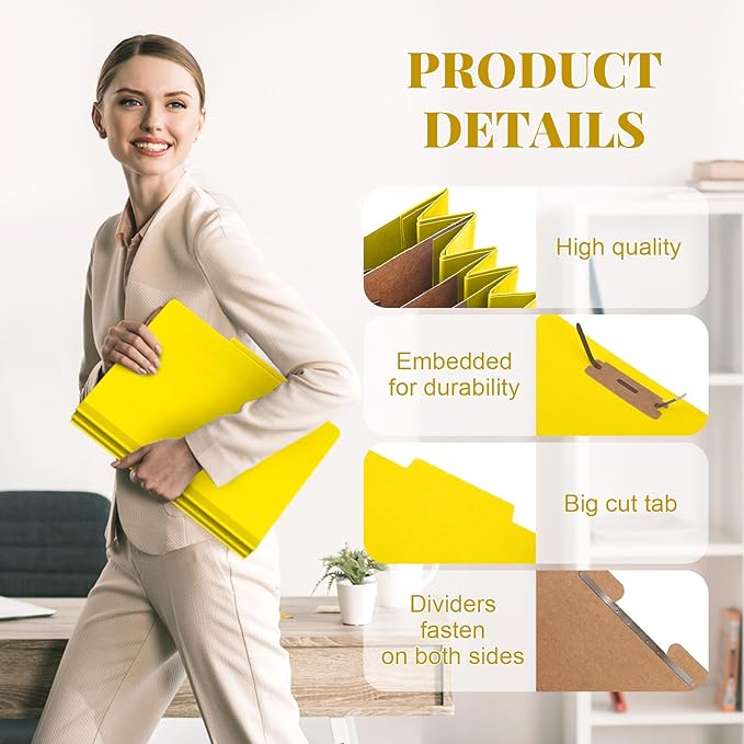 Skyygemm 12 Pcs Classification Folders Letter Size, 3 Divider Pressboard File Folder with Fasteners, Expanding File Organizer Bulk for Teachers, Clergy, Office, Church, Christmas Donations (Yellow)