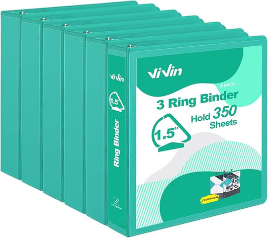 ViVin Sturdy 1.5 Inch 3 Ring Binder with Pockets, Slant-D Ring, PVC-Free, Customizable Clear View Binder,Holds 350 Sheets of 8.5" x 11" Paper, 6 Pack (Lake Green)