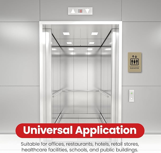 Promot Elevator Sign – ADA Braille Elevator Decor for Business, Self-Adhesive, 9" x 6", Commercial Door Signage, Office Wall Decor - Taupe