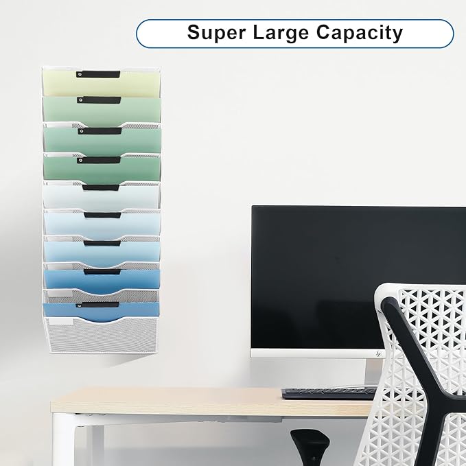 EASEPRES 10 Pocket Mesh Hanging Wall File Organizer, Wall Mounted Mail Paper Document Folder Holder, Clipboard Storage Organization Magazine Rack with Nametag Label for Office Home School, White
