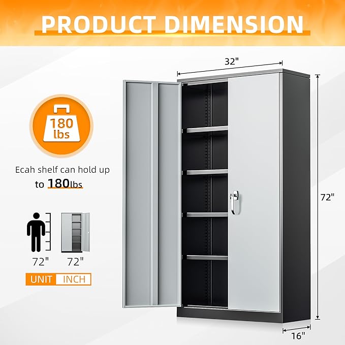 INTERGREAT Metal Storage Cabinet with Doors and Shelves,72" H Black Gray Steel Tool Locking Cabinet, Metal Storage Cabinet for Home Office, Warehouse, School