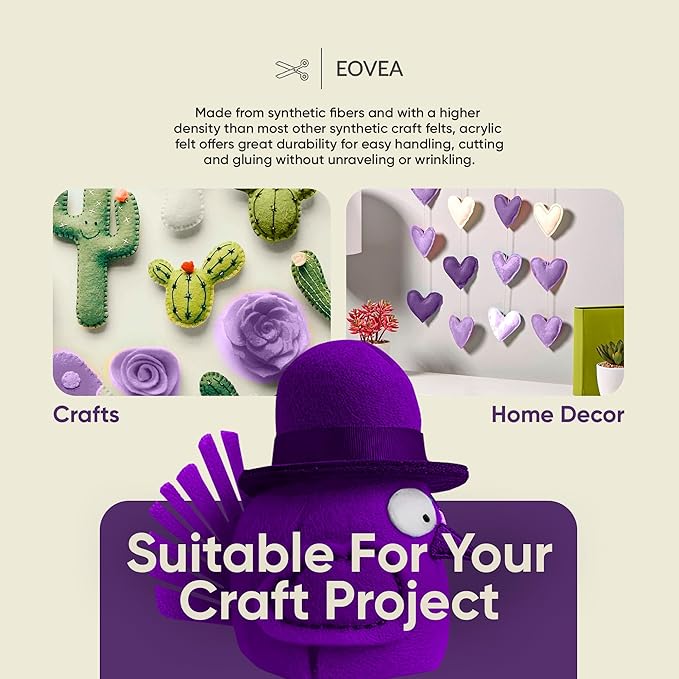 EOVEA | Acrylic Felt Fabric by The Yard - Non-Stiff, Soft Material - 72" Wide - 1.6mm Thick Felt Sheets for DIY Crafts, Sewing, Upholstery, Cushion, Padding(Purple, Half Yard)