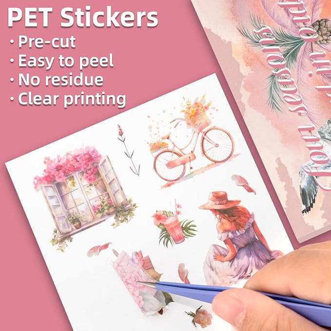 Summer Theme Sticker Scrapbooking Supplies for Junk Journal, 20 Sheets PET Stickers - Vintage Journaling Stickers, Ephemera Sticker Book Pre Cut(TZ-006-001)