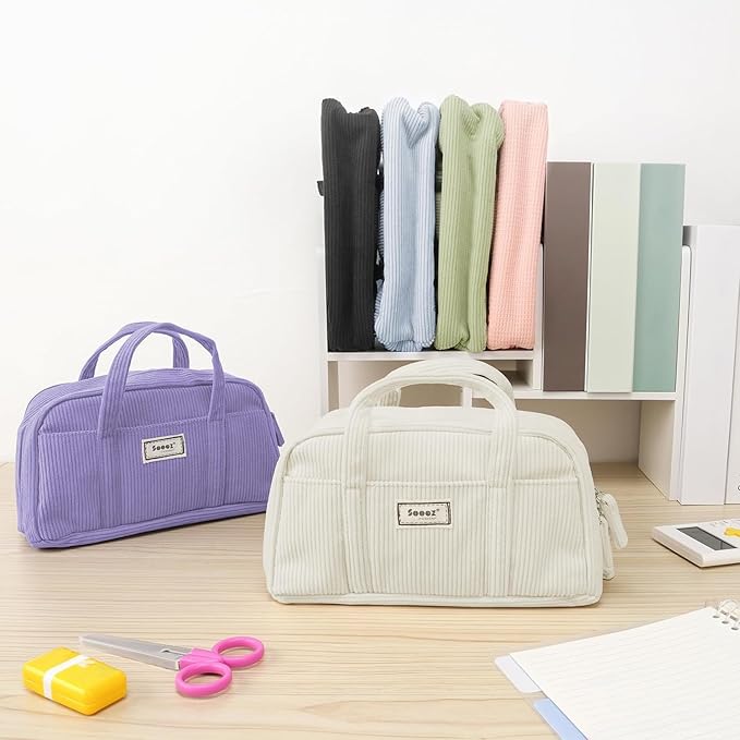 Sooez Large Pencil Case Pouch, Extra Big Pencil Bag with 5 Compartments, Pen Bag Wide Opening, Soft Corduroy Pencil Pouch Organizer with Zipper, Cute Aesthetic School Supplies for Teen Girls-Lilac
