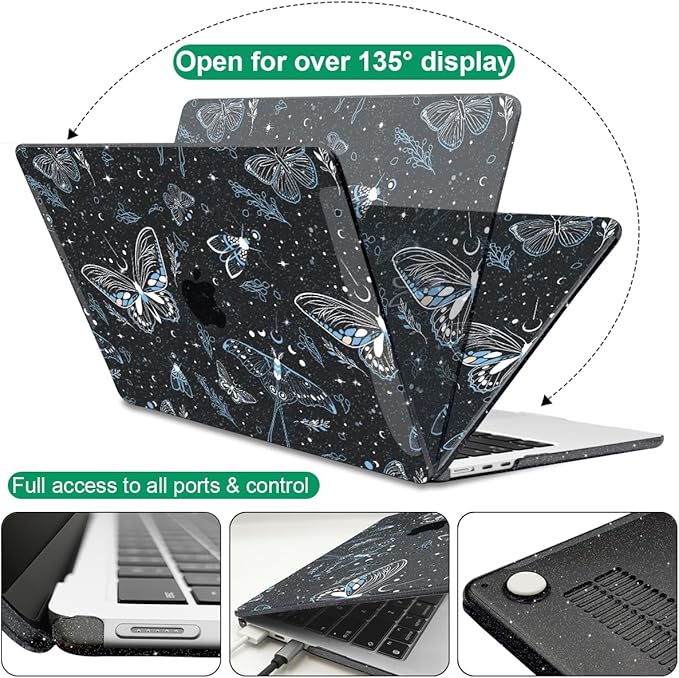 for 2025 MacBook Air 13.6 Inch Case M4 A3240 M3 A3113 M2 A2681 2024 2023 2022 Release, Glitter Black Printed Plastic Hard Shell Cover for Mac Air 13.6 M4 M3 M2 Chip Touch ID, Butterfly Sky