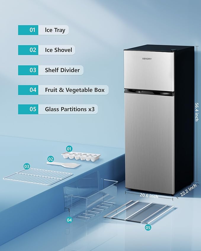 EUHOMY 7.4Cu.Ft. Refrigerator with Freezer, 2 Door Fridge, Adjustable Thermostat，Large Capacity, Refrigerator for Kitchen/Dorm/Office/Apartment - Food Storage or Cooling drinks, Silver