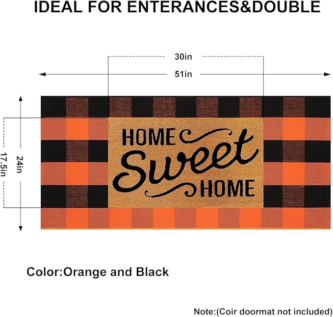 KIMODE Fall Outdoor Rug Buffalo Plaid Orange and Black 24"x51",Washable Cotton Fall Halloween Door Mat,Reversible Checkered Layering Rugs for Entryway,Halloween Front Porch Decor