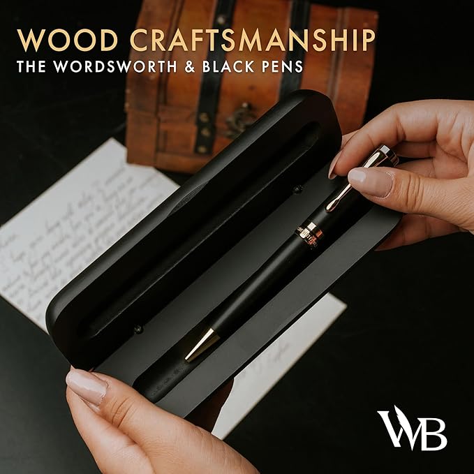 Wordsworth and Black Ballpoint Pen Set - Stunning Luxury Pen Bamboo Blackwood Gold Finish, Refillable, Best Ball Pen for Men & Women, Black Ink Refill, Elegant, Point Pen