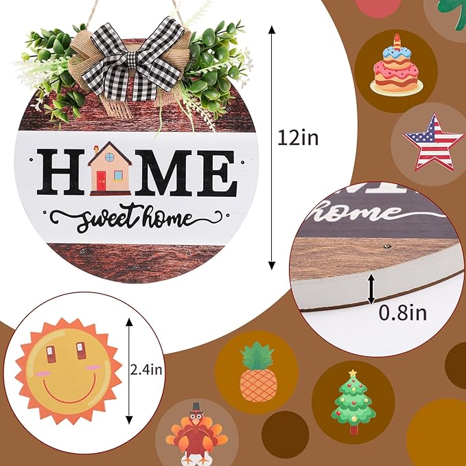 HOMCDALY Interchangeable Welcome Sign for Front Door with 14 Changeable Icons, Door Wreaths for Front Door with 12 LED Lights, Farmhouse Rustic Welcome Door Hanger Wall Sign, Porch Decorations(White)