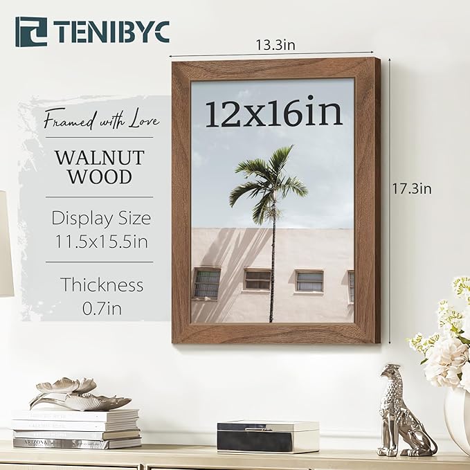 12x16 Picture Frame Set of 3 - Natural Walnut, Brown Wood, HD Tempered Glass, Wall Gallery Photo Frame