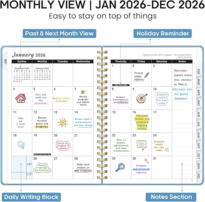 2026 Planner 8.5" x 11", Weekly and Monthly Calendar Planner Book, January 2026 - December 2026, Hardcover Spiral Planner with Monthly Tabs, Notes Pages, Perfect for Women & Men, A4 - Blue