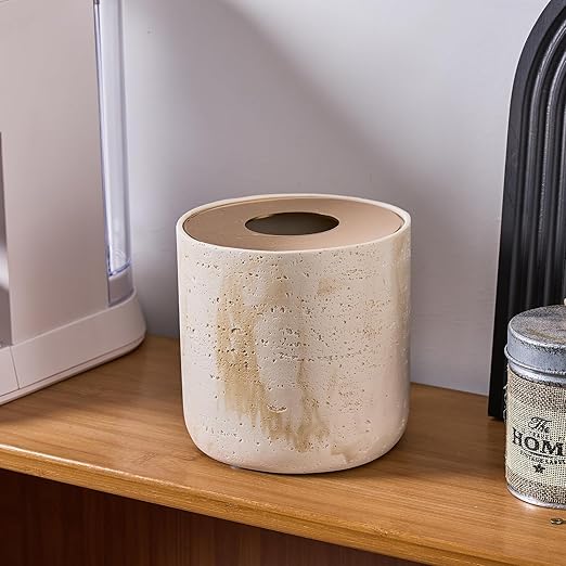 Natural Travertine Textures Mini Trash Can with Rose Gold Stainless Steel Lid, Mini Countertop Trash Can for Bathroom Kitchen, Desk or Table top Mini Garbage Can, Resin Tiny Waste Basket for Vanity