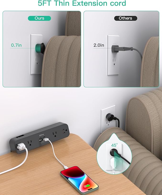 PD30W Desk Clamp Power Strip, Desktop Mount Surge Protector, Fast Charging Station, 5Ft Extension Cord Desk Mount Shelf with 4 Outlets 4 USB Ports (2 USB C), Home Office Accessories Essentials, Black