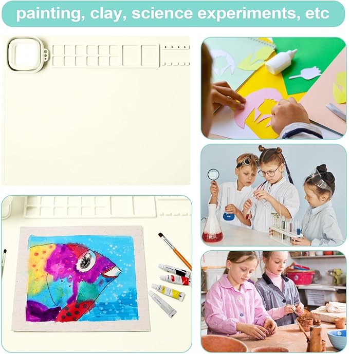 AWOKE Silicone Painting Mat for Kids - 20"X16" Art & Craft Mat with 12 Color Dividers, 2 Paint Palettes, 1 Water Cup - Toddler Activities Paint Mat, Ideal Gift for 3 4 5 Year Old Boys & Girls (Beige)