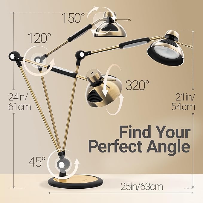 OTUS Desk Lamp for Home Office | Tall LED Architect Desk Light with Gesture Control & Touch | 1500 Lux Eye-Caring Dimmable for Study, Reading, Video Calls | 12 Levels & 3 Colors | Brass Swing Arm Lamp