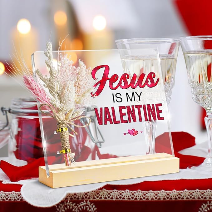 Valentines Gifts, Jesus Is My Valentine Decorative Sign, Bouquet Acrylic Sign With Wooden Stand for Office Desk Table Shelf