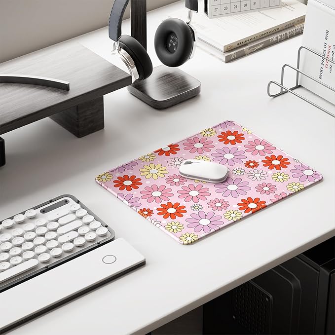 Auhoahsil Mouse Pad, 12 x 10 in Cute Flower Theme Computer Mouse Pad for Desk, Premium-Textured Non-Slip Rubber Stitched Edges Waterproof Square Mouse Mat for Gaming Work Wireless Mice, Pink Purple