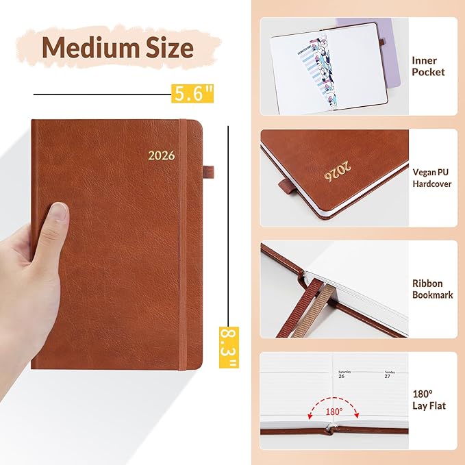 SUNEE 2026 Weekly & Monthly Hardcover Planner 5.5" x 8.3" - 12 Month (January 2026 - December 2026), Small Hardcover Planner, Pocket, Notes, 100 GSM Paper, Brown