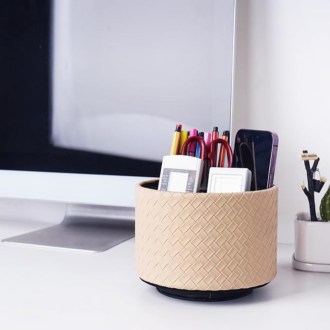 Hennaja Round Leather Art Supply Organizer,Remote Control Holder,360 Degree Spinning,Multi-Functional Pencil Holder,4 Compartments Desktop Stationary Organizer(1-Weave Khaki)