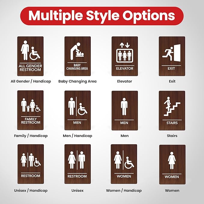 Promot Unisex Bathroom Sign – ADA Braille Restroom Sign for Business, Self-Adhesive, 9" x 6", Commercial Door Signage, Office Wall Decor - Walnut