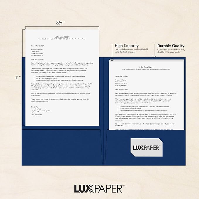 LUXPaper 9" x 12" Presentation Folders | Two Pocket | Navy Blue | 100lb. Cover | 25 Qty
