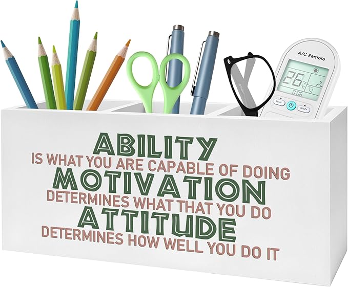 Motivational Office Pencil Pen Holder for Desk, Ability Motivation Attitude Wooden Pencil Holder Organizer for Home Office Desk Accessories, Encouragement Gifts for Women