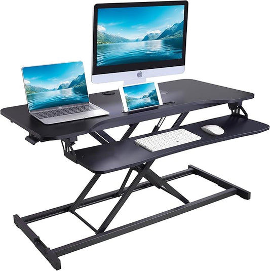 Rocelco 43" Height Adjustable Standing Desk Converter - Tall Sit Stand Up Tabletop Riser with Tablet Slot - Home Office Computer Workstation - Deep Keyboard Tray for Laptop Mouse - Black (R VADRB-43)
