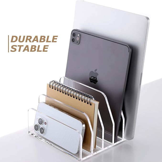 SANRUI Acrylic Desk Mail Organizer Sorters, Clear 5 Upright Compartments Laddered Desktop File Letter Holder, Multifunction Envelope Vertical Folder Racks Document Holders for Office, Home, School