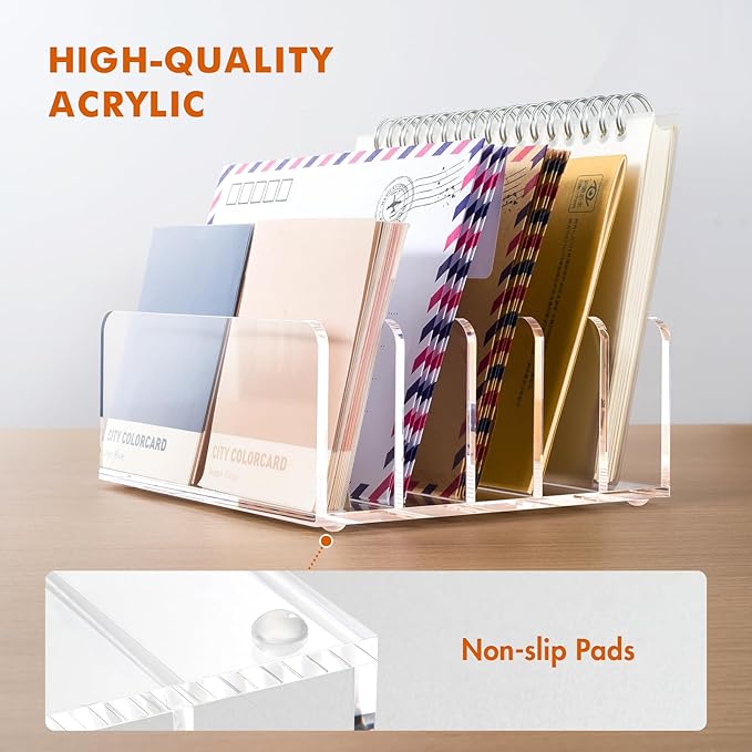 BEYGORM 2 Pack Acrylic Mail Holder, Clear Desk Organizer with Divider, Vertical Letter Sorter for Desktop, 5 Compartments Modern Office Home Envelope Organizer for Bill, Document, Notebook