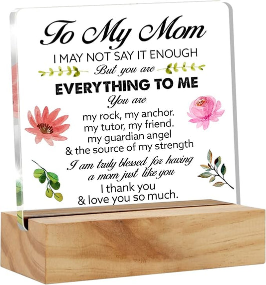 Mother's Day Floral Mom Gift Acrylic Desk Plaque Sign with Wood Stand - Home Office Keepsake