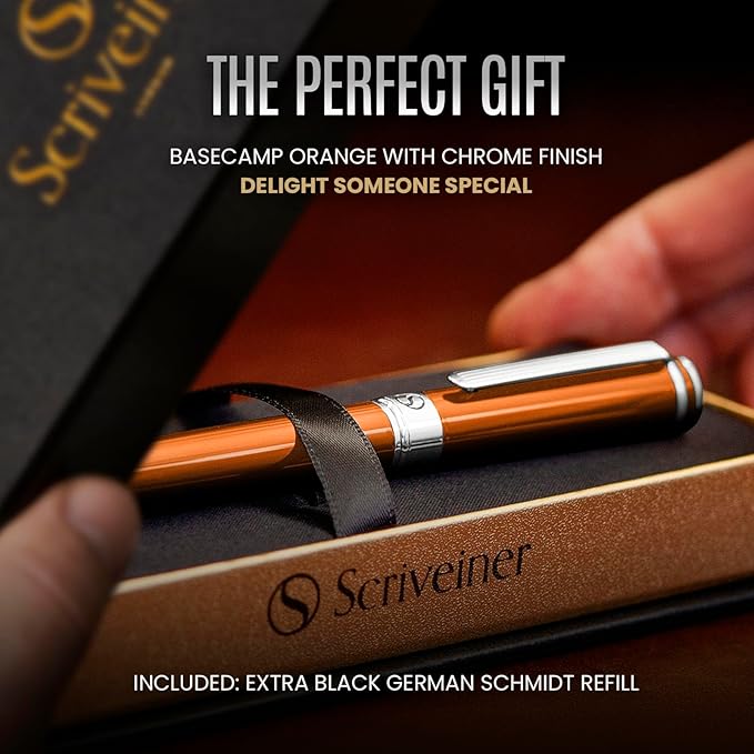 Scriveiner Orange Rollerball Pen - Stunning Luxury Pen With Chrome Finish, Schmidt Ink Refill, Best Roller Ball Gift Set for Men & Women, Professional, Executive Office, Nice Pens