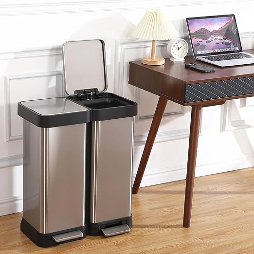 Kitchen Trash Can, 2 x 7.93 Gal (2 x 30L) Dual Trash Can with Recycle Bin, Stainless Steel Garbage Can, Fingerprint-Resistant Soft-Close Dual Recycling Bins for Kitchen