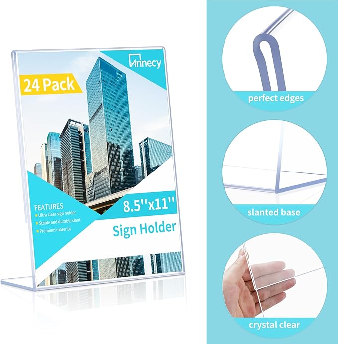 Annecy Sign Holder 8.5 x 11, 24 Packs Sign Stand for Display, L Shape Plastic Clear Sign Holder 8.5x11 Standing Vertical Menu Flyer Holder, Frames Table Signs for Stores, Restaurants, Hotels, Office