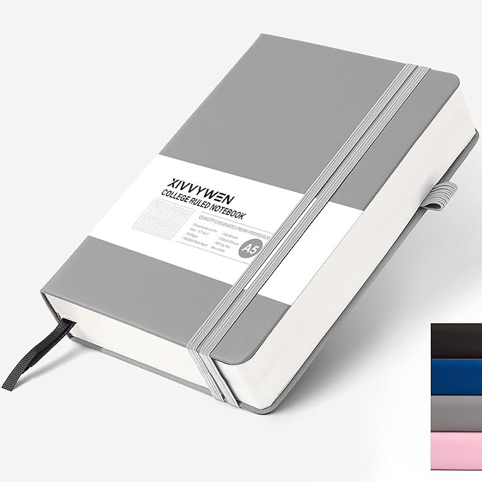 Lined Journal Notebook for Women Men, 352 Pages A5(5.7" x 8.3")College Ruled Hardcover Leather Journals for Writing, Daily Journal Notebooks for Work, Note Taking, Travel, School, Business (Gray)