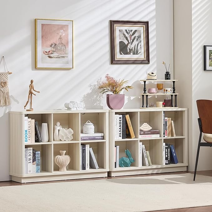 6 Cube Bookcase, 40" Wide Low Horizontal Book Shelf w/Curved Edge, Wood Floor Standing 2-Tier Bookshelf with Base, Modern Short Storage Cabinet Book Case for Bedroom, Office, White Cream Oak