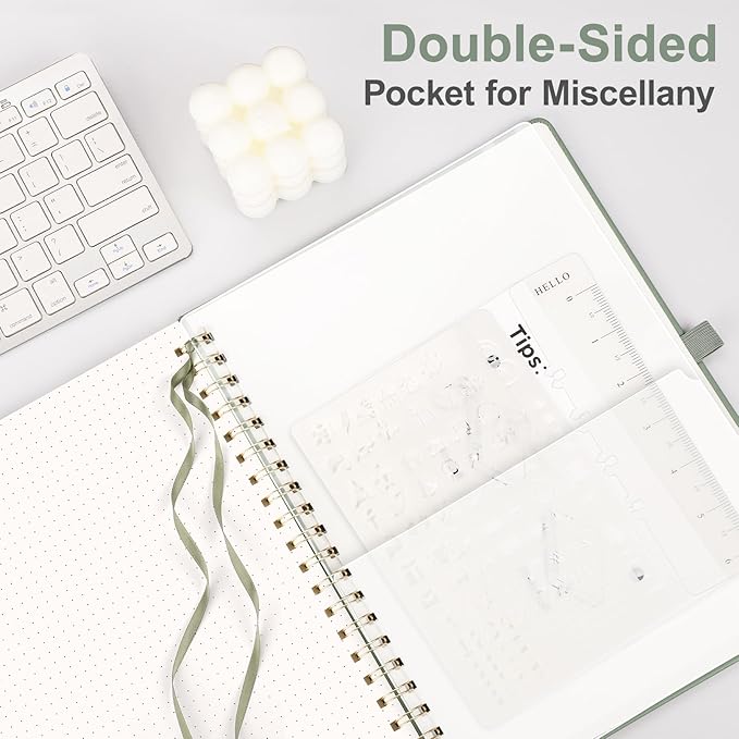 AHGXG Bullet Dotted Journal Spiral Notebook 8.5" x 11", Large A4 Leather Hardcover Dotted Notebook, 100 GSM Thick Dot Grid Paper, Inner Pocket, for Bullet Journaling, Sage Green