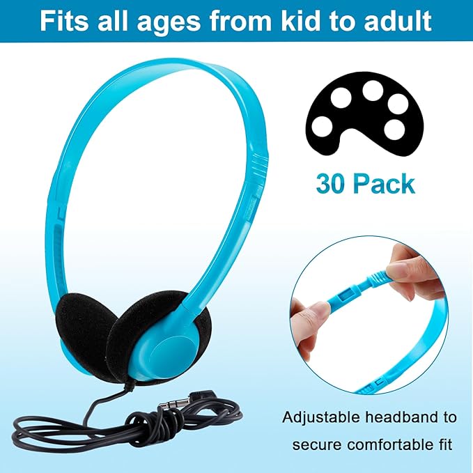 Yunsailing 30 Pack Class Set Headphones for Students Bulk School Headsets Earphones with 3.5mm Jack Classroom Must Haves Teacher Supplies for Adults Laptop Computer(Lake Blue)