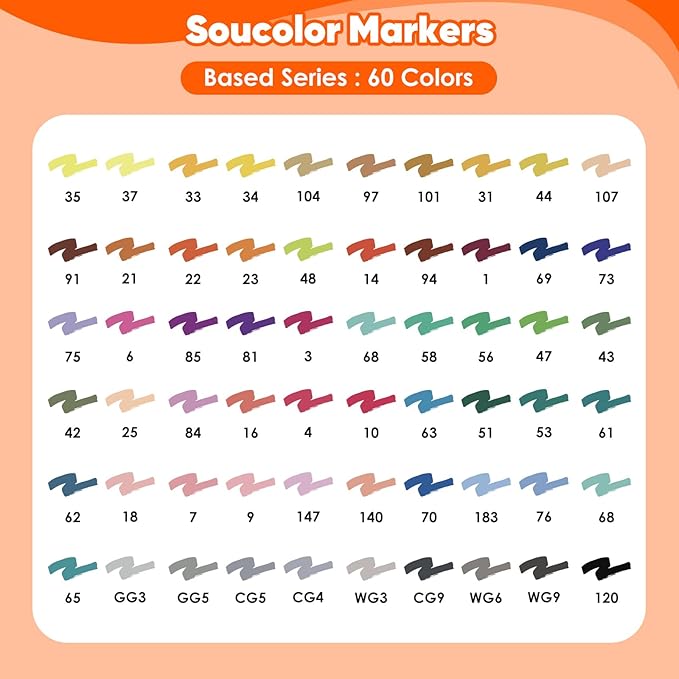 Soucolor Alcohol Markers Set, 60 Colors Dual Tip Art Alcohol Markers, School Office Teacher Supplies for Kids and Adults Coloring Drawing Sketching Book Painting Card Making Illustration