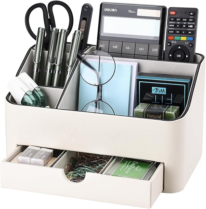 KINGFOM Desk Organizer with Drawer, Multifunction Pencil Holder for Desk, Desk Organizer and Accessories 5 Comparetments for Home Office Supplies (Ivory White)