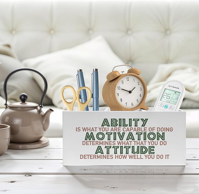 Motivational Office Pencil Pen Holder for Desk, Ability Motivation Attitude Wooden Pencil Holder Organizer for Home Office Desk Accessories, Encouragement Gifts for Women