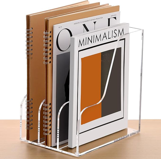 SANRUI Acrylic Magazine File Holder for Desk Organizers, Clear 3 Vertical Compartments A4 Folder Binder Holders Sorter, Desktop Workspace Organization Storage Racks for Office Home School