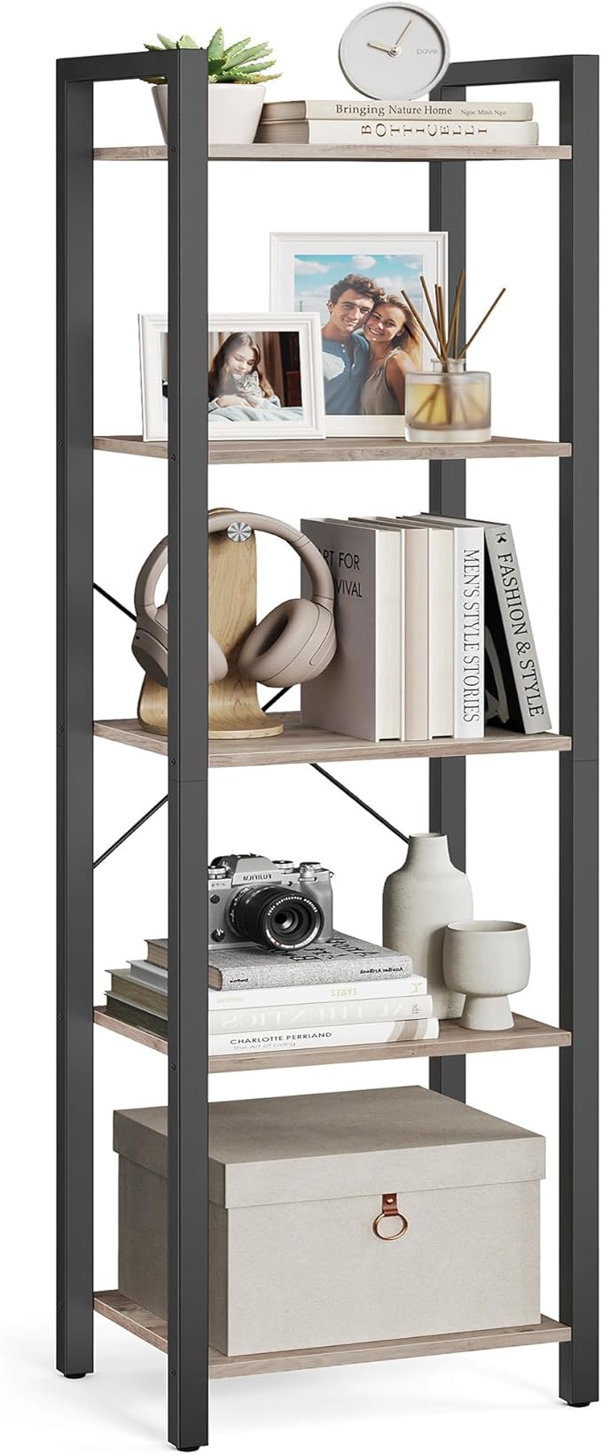 VASAGLE 5-Tier Bookshelf, Bookcase with Steel Frame, Book Shelf for Living Room, Home Office, Study, 11.8 x 15.7 x 60.2 Inches, Industrial Style, Heather Greige and Ink Black ULLS100B02