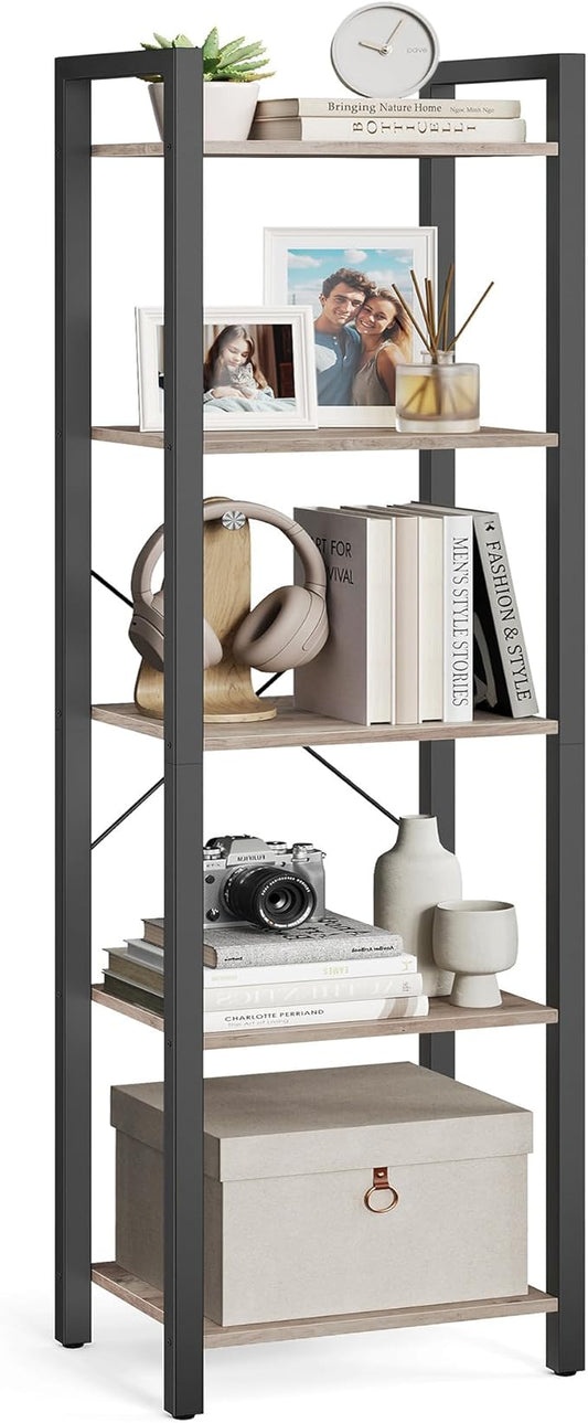 VASAGLE 5-Tier Bookshelf, Bookcase with Steel Frame, Book Shelf for Living Room, Home Office, Study, 11.8 x 15.7 x 60.2 Inches, Industrial Style, Heather Greige and Ink Black ULLS100B02