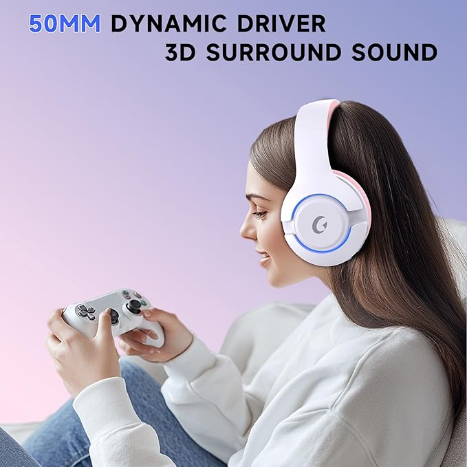 Gtheos Wireless Gaming Headset for ps5, ps4, Elden Ring, PC, Mac, Switch, Bluetooth 5.3 Gaming Headphones with Noise Canceling Microphone, 45H Battery, RGB Light, Pink