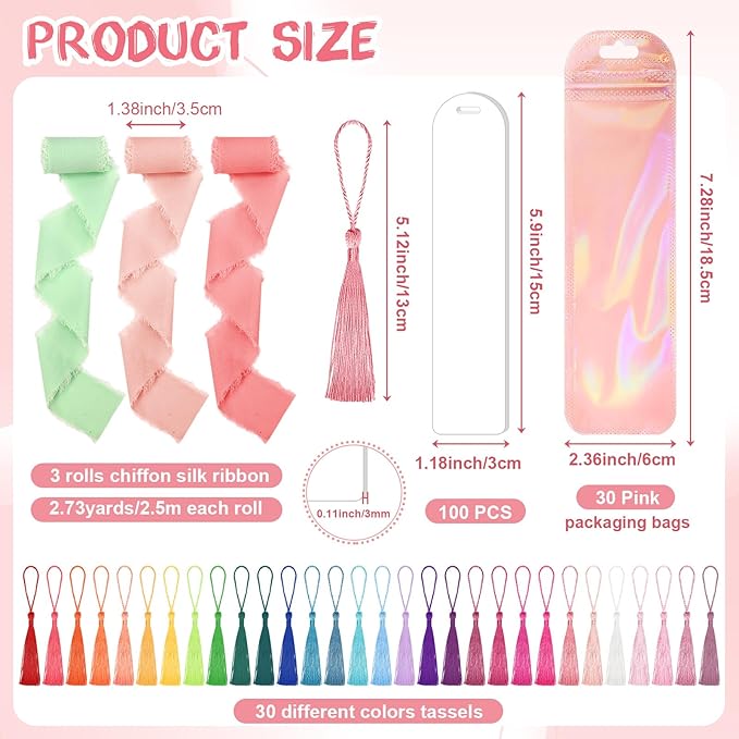 30 Pieces Acrylic Bookmark Blanks(3mm Thick), Clear Acrylic Bookmarks with 30PcsTassels, 3 Rolls Chiffon Silk Ribbon and 30 Packaging Bags, Transparent DIY Bookmarks for Reading Lover Crafts Present